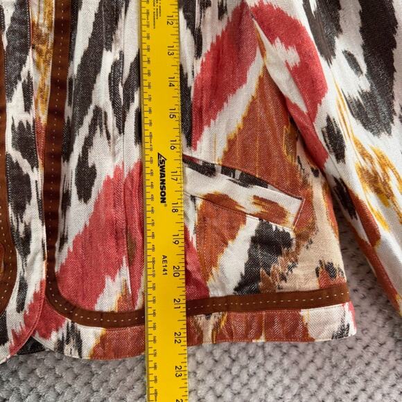 Chicos Jacket Women 2 L Orange Brown Linen Abstract Ikat Metallic Western Pocket - Picture 13 of 16